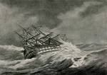Engraving of a sailing ship in a storm